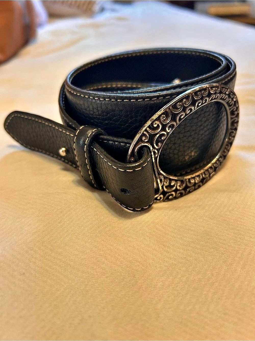 Brighton Black Pebble Leather Belt M Ornate Silver Scroll Buckle Western Vintage